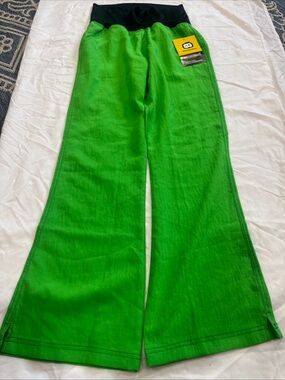 Women’s Bright Green Wide Leg Casual Pants with Black Waistband
